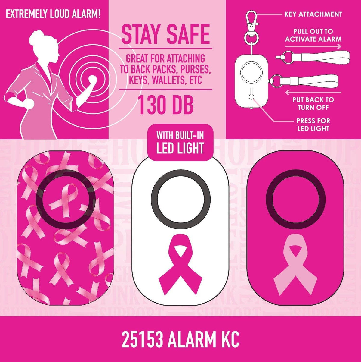 Panic Alarm Key Chain PINK Awareness Assortment- 4/Pack