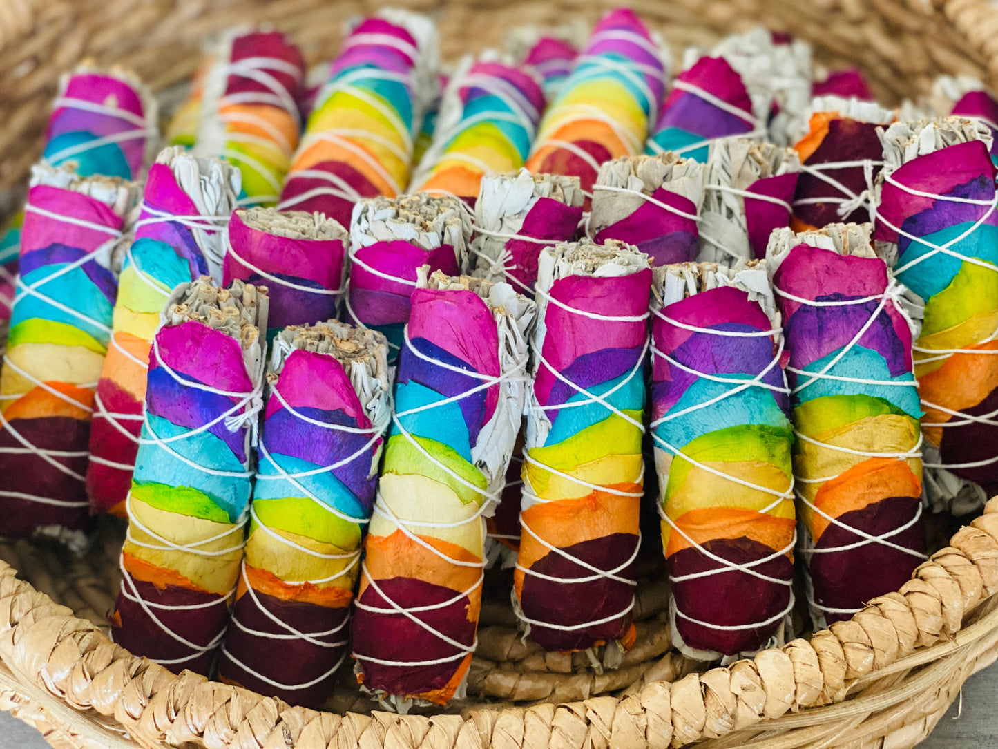 White Sage w/ Rainbow Chakra Roses Smudge Sticks in Bulk