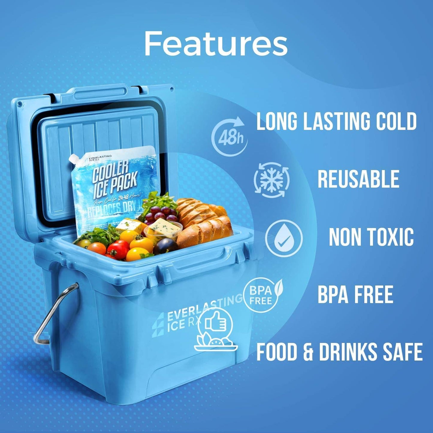 Reusable Ice Packs for Cooler (4 Pack) Up to 48 Hours Freezer Packs for Coolers and Lunch Boxes | 10 x 10 in | Cooler Ice Packs for Camping, Fishing, Beach, Road Trips