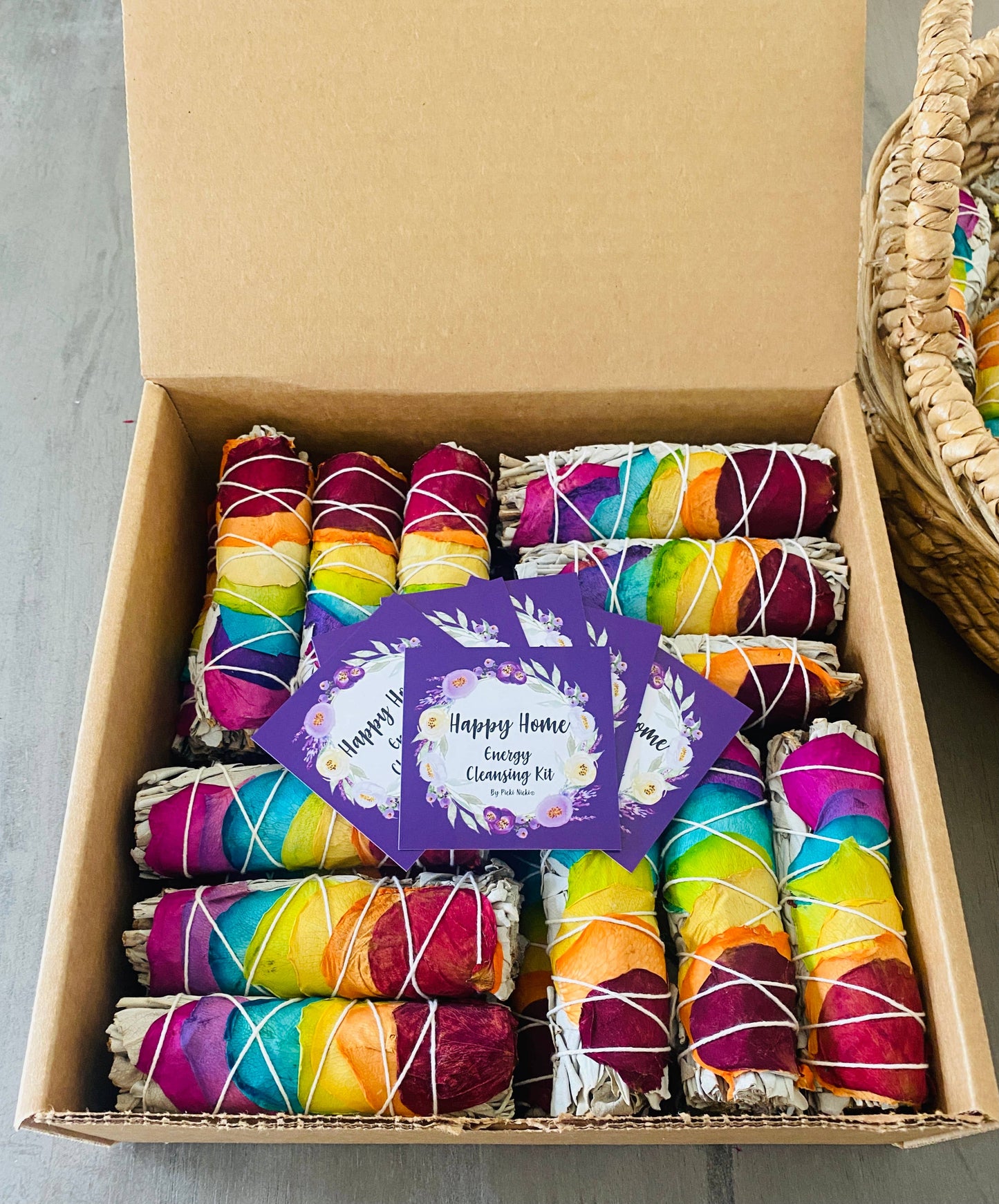 White Sage w/ Rainbow Chakra Roses Smudge Sticks in Bulk